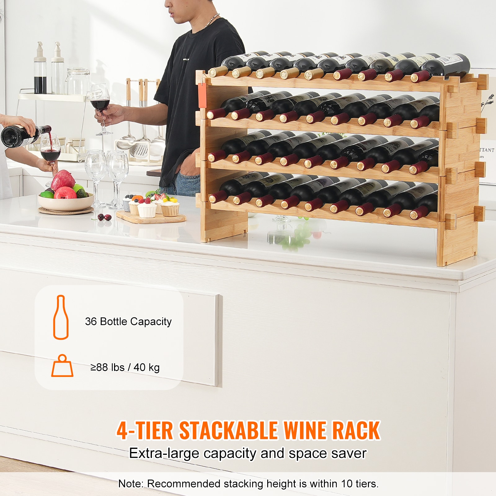 36 Bottle Stackable Modular Wine Rack Bamboo Wood Display Shelf 4-Tier_voghion.com